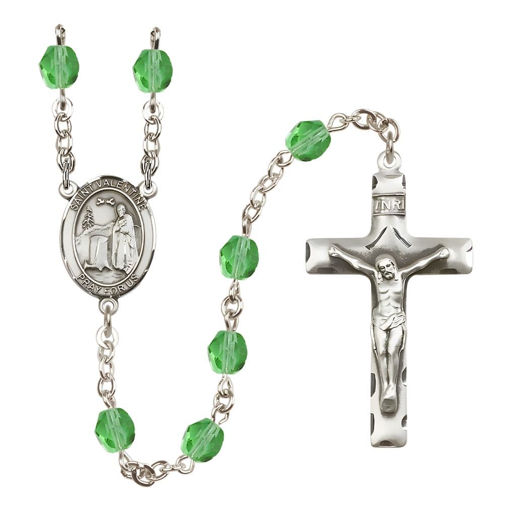Bliss St. Valentine of Rome Engravable Rosary with Pewter Crucifix and Centerpiece, Birthstone 6mm Fire Polished Peridot Beads for August