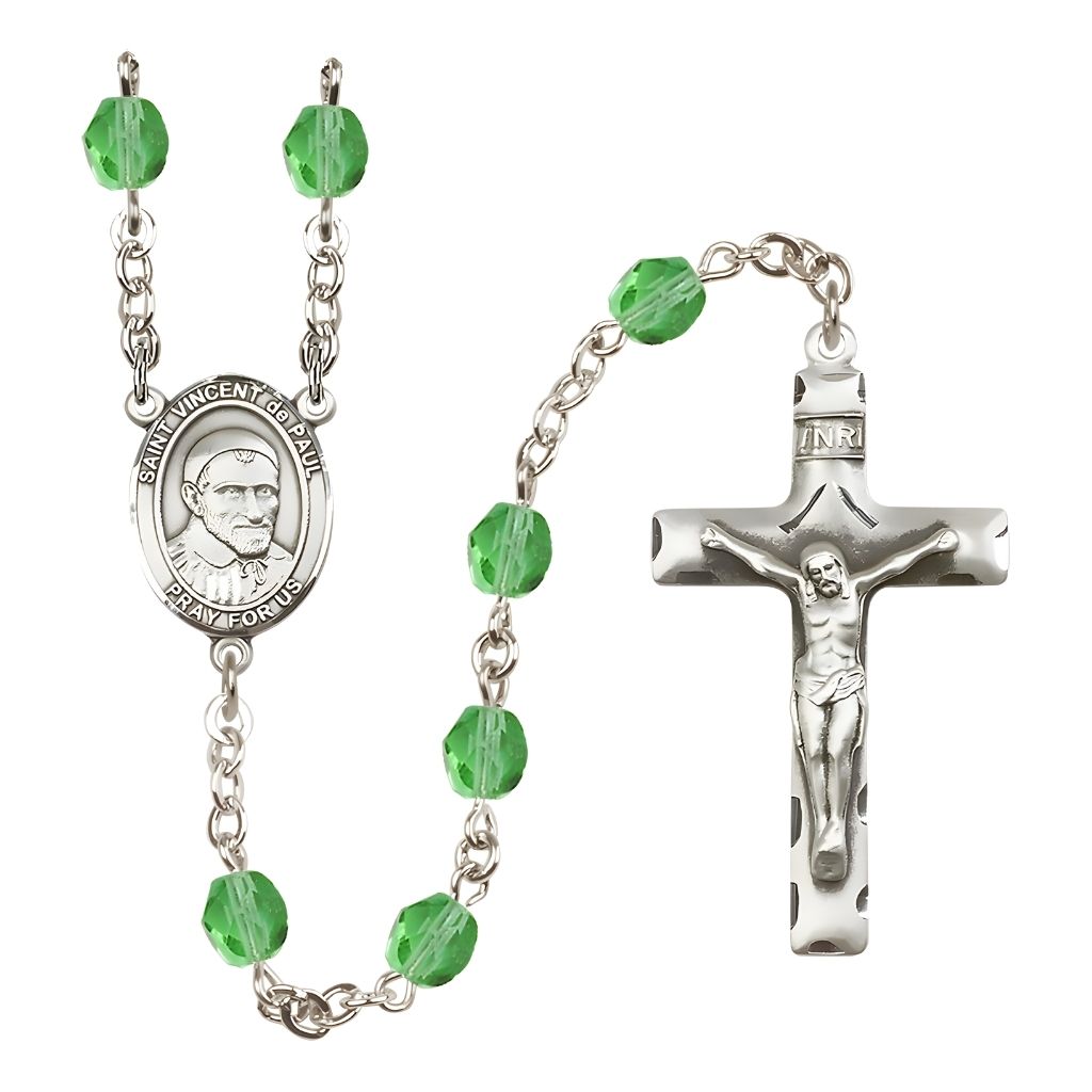 Bliss St. Vincent de Paul Engravable Rosary with Pewter Crucifix and Centerpiece, Birthstone 6mm Fire Polished Peridot Beads for August