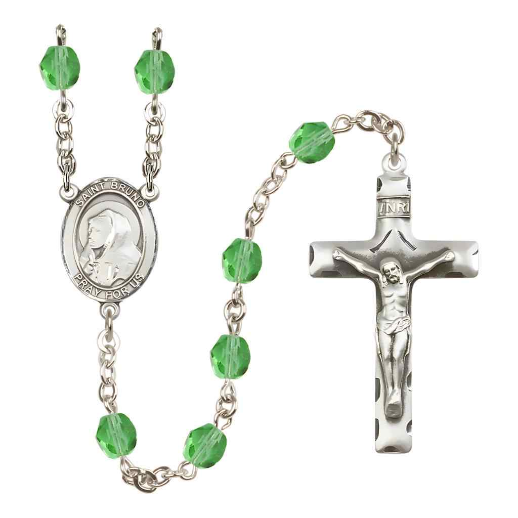 Saint Bruno Silver-plated Rosary with Pewter Crucifix and Centerpiece, Birthstone 6mm Fire Polished Peridot Beads for August