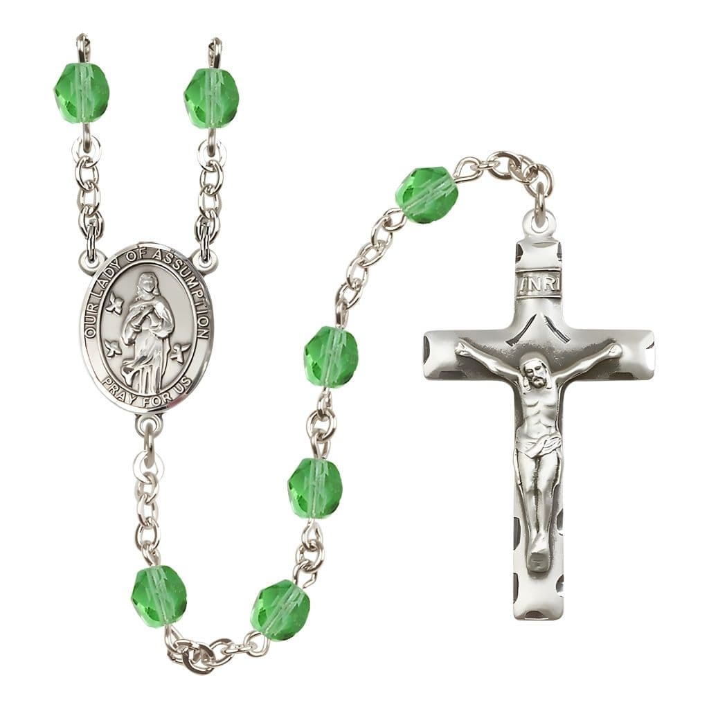Our Lady of Assumption Engraved Birthstone 6mm Peridot Fire Polished Silver-plated Rosary with Pewter Centerpiece and Crucifix