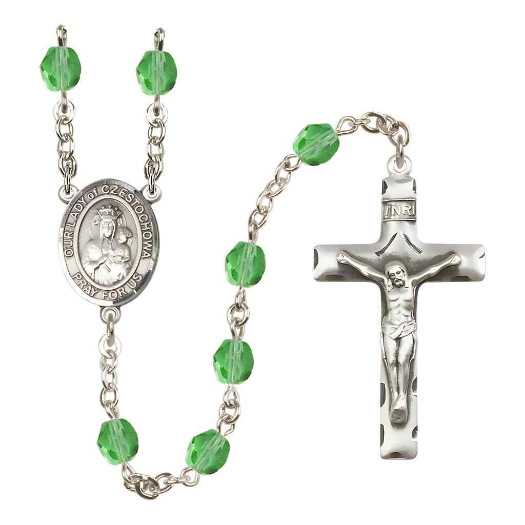 Our Lady of Czestochowa Silver-plated Rosary with Pewter Crucifix and Centerpiece, Birthstone 6mm Fire Polished Peridot Beads for August