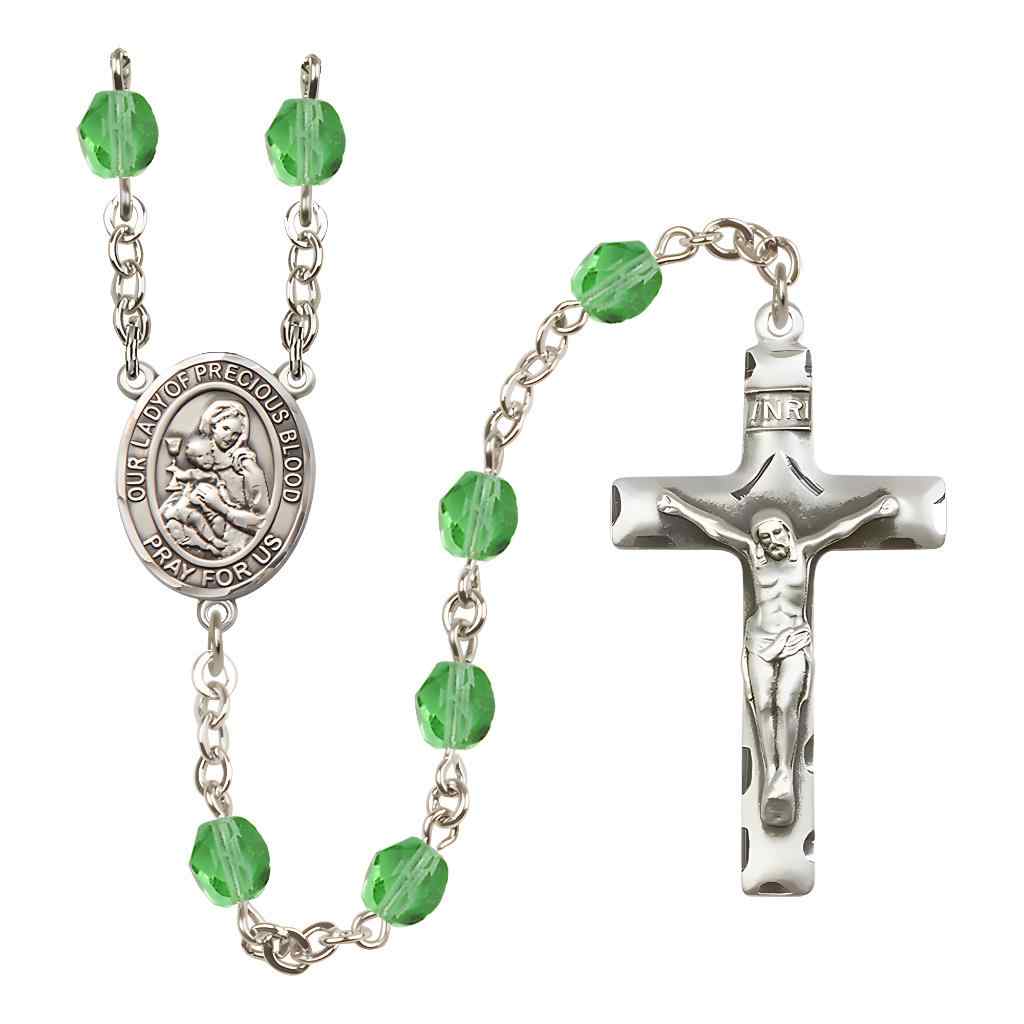 Our Lady of the Precious Blood Rosary with Pewter Traditional Crucifix and Oval Centerpiece, Birthstone 6mm Fire Polished Peridot Beads for August