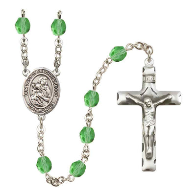 Our Lady of the Precious Blood Rosary with Pewter Traditional Crucifix and Oval Centerpiece, Birthstone 6mm Fire Polished Peridot Beads for August
