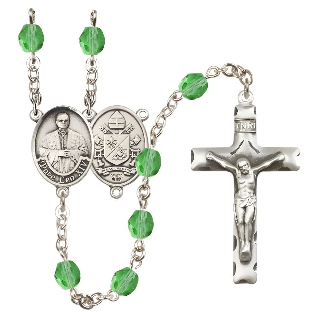 Bliss Pope Leo XIV Birthstone Engravable Rosary with Pewter Center and Crucifix, 6mm Fire Polished Beads in Peridot for August