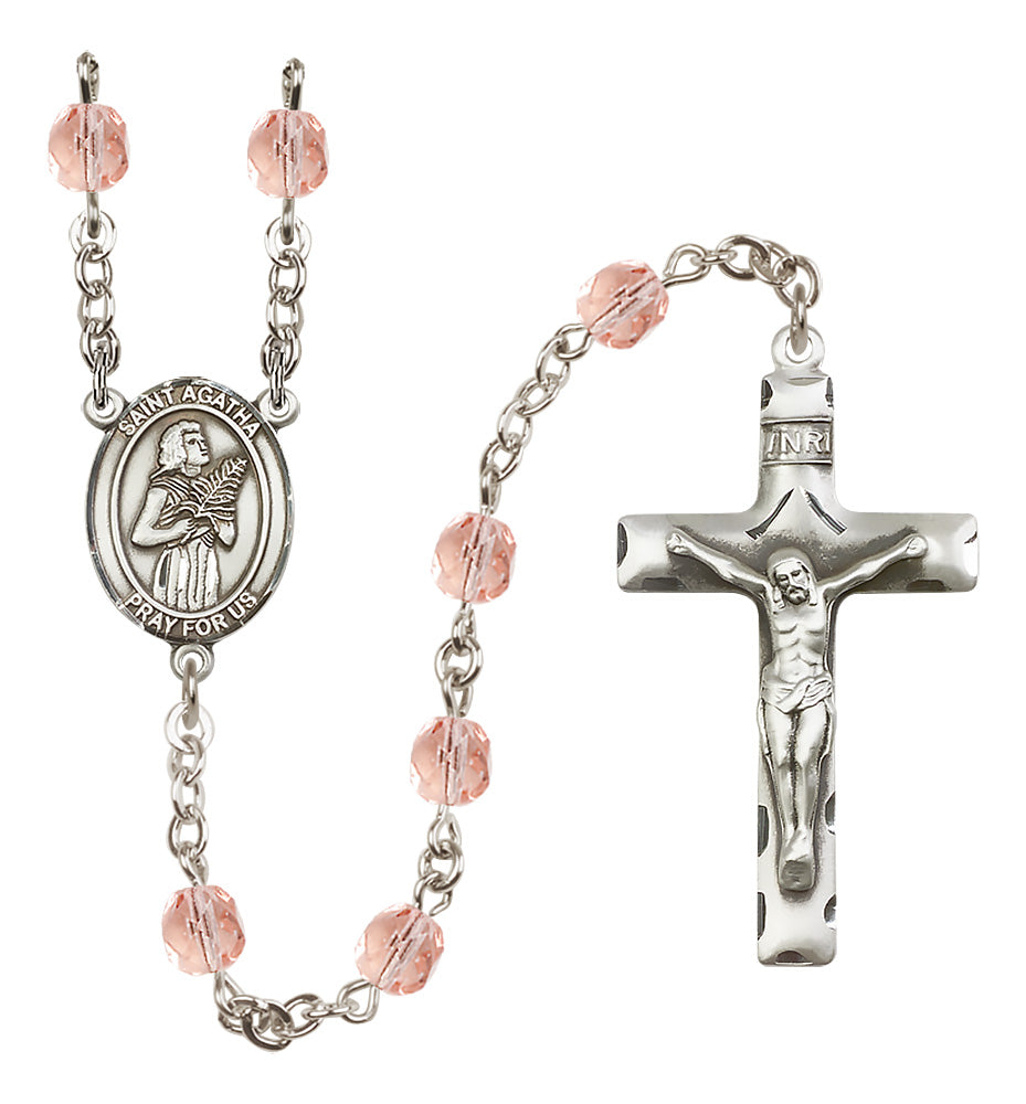 Bliss Silver Plated 6mm Fire Polished Saint Agatha Rosary in Pink,