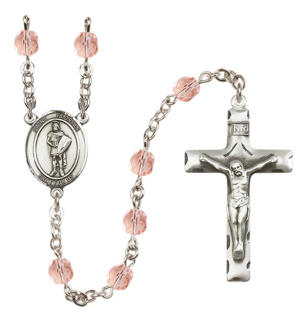 Bliss Oval St Florian Center Silver-Plated Crystal Birthstone Rosary in Rose October Birthstone,