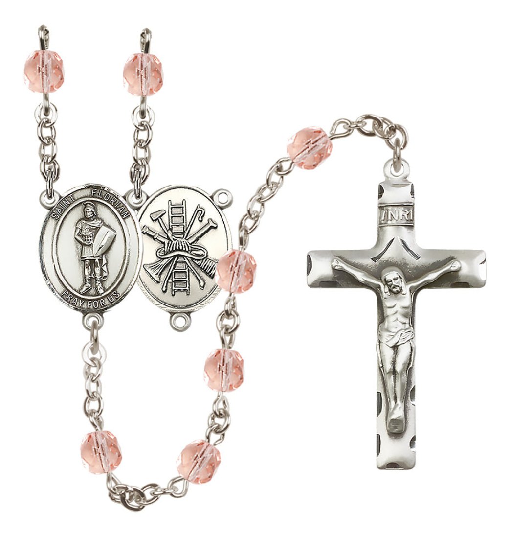 Bliss St Florian w/Firefighter Center Silver-Plated Rose Crystal October Birthstone Rosary,