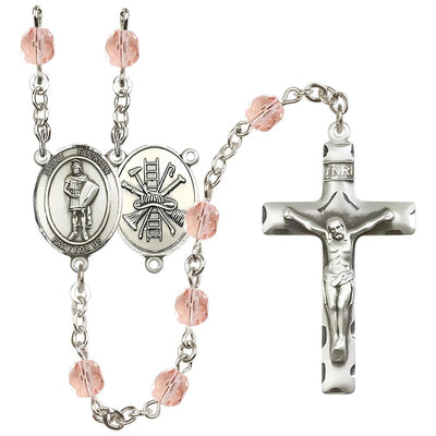 St Florian w/Firefighter Center Silver-Plated Rose Crystal October Birthstone Rosary, Bliss Manufacturing