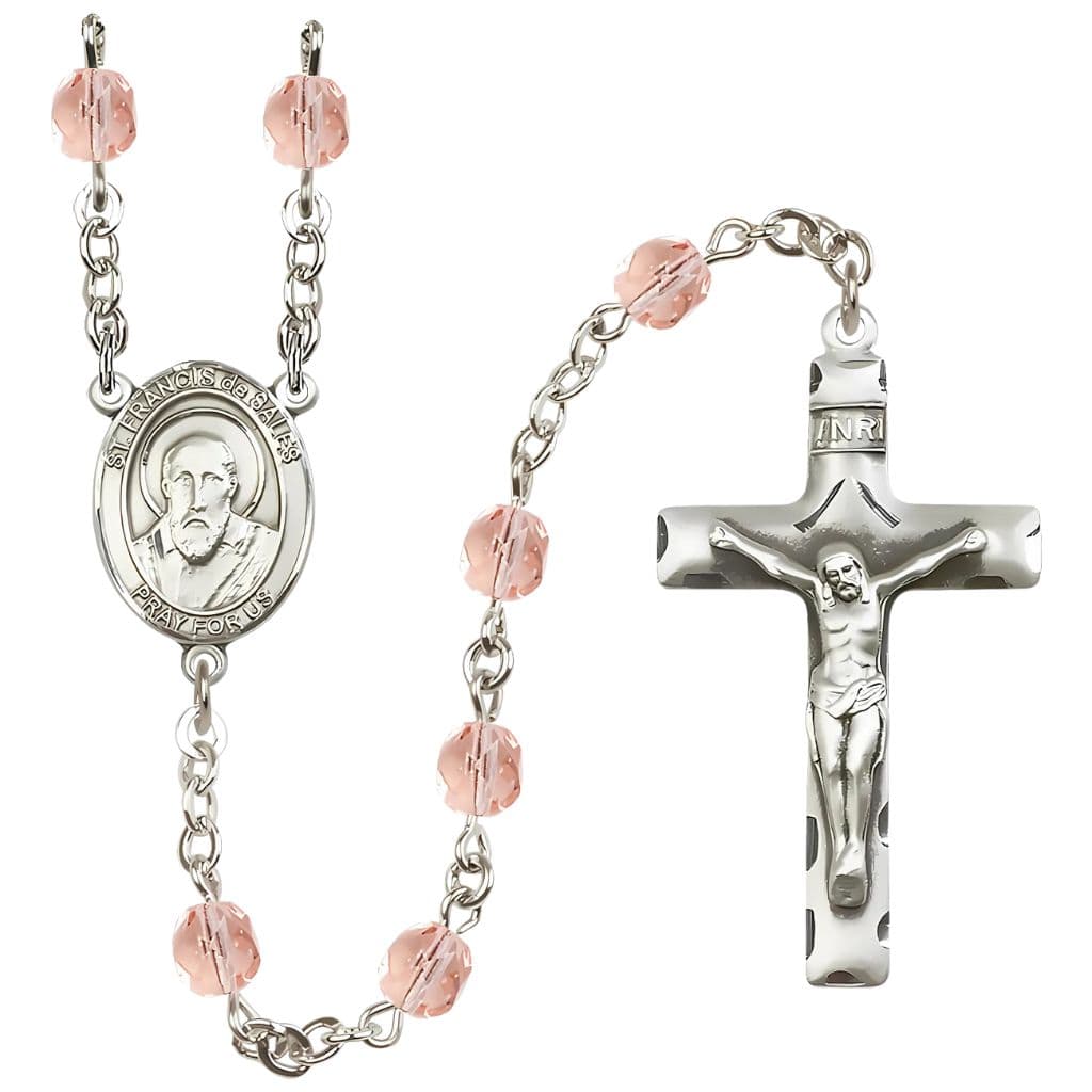 St. Francis de Sales 6mm Pink Silver-Plated Catholic Rosary, handmade in the USA,
