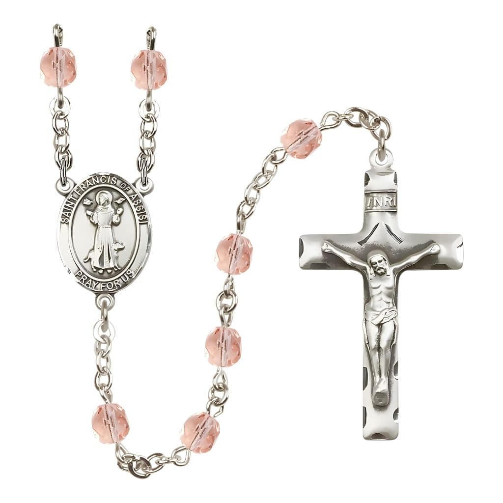 St. Francis of Assisi Pink 6mm Fire Polished Birthstone Engravable Silver-plated Rosary with Pewter Centerpiece and Crucifix, USA Made