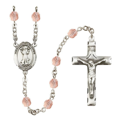 St. Francis of Assisi Pink 6mm Fire Polished Birthstone Engravable Silver-plated Rosary with Pewter Centerpiece and Crucifix, USA Made, Bliss Manufacturing