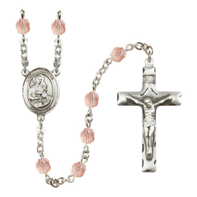 St. Gerard Majella Engravable Rosary with Pewter Crucifix and Centerpiece, Birthstone 6mm Fire Polished Pink Rose Beads for October, Bliss Manufacturing