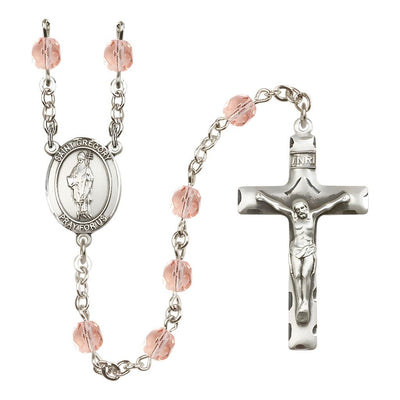 St. Gregory the Great Engravable Rosary with Pewter Crucifix and Centerpiece, Birthstone 6mm Fire Polished Pink Rose Beads for October, Bliss Manufacturing