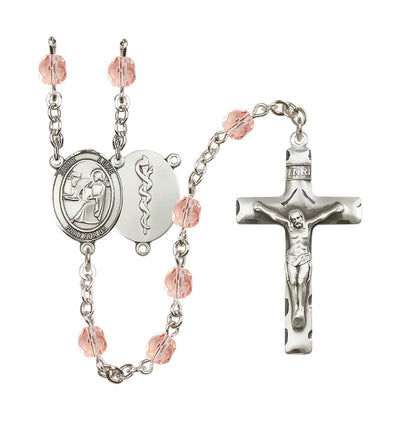 St Luke the Apostle Doctor Silver-Plated Crystal Birthstone Rosary in Pink in Rose, Bliss Manufacturing
