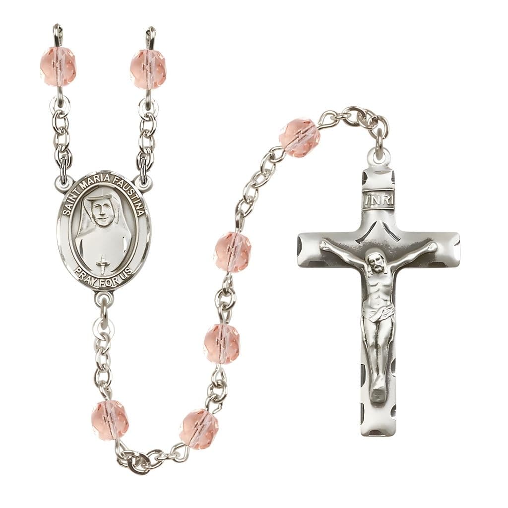 Bliss St. Maria Faustina Engraved Birthstone 6mm Pink Fire Polished Silver-plated Rosary with Pewter Centerpiece and Crucifix,
