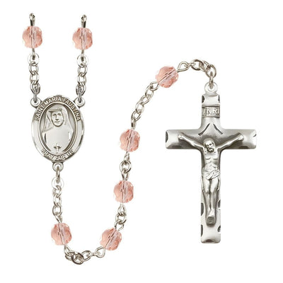 St. Maria Faustina Engraved Birthstone 6mm Pink Fire Polished Silver-plated Rosary with Pewter Centerpiece and Crucifix, Bliss Manufacturing