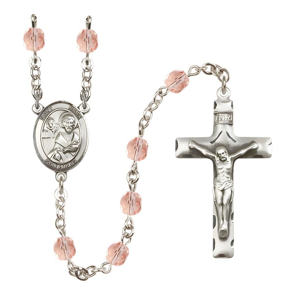 Bliss St. Mark the Evangelist Engravable Rosary with Pewter Crucifix and Centerpiece, Birthstone 6mm Fire Polished Pink Rose Beads for October