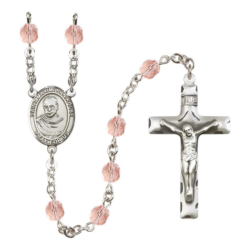 St. Maximilian Kolbe Birthstone Fire Polished Rosary with 6mm Pink Beads and Pewter Center and Crucifix,