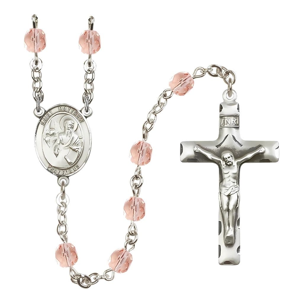 Bliss St. Matthew the Apostle Engraved Birthstone 6mm Fire Polished Rosary in Pink