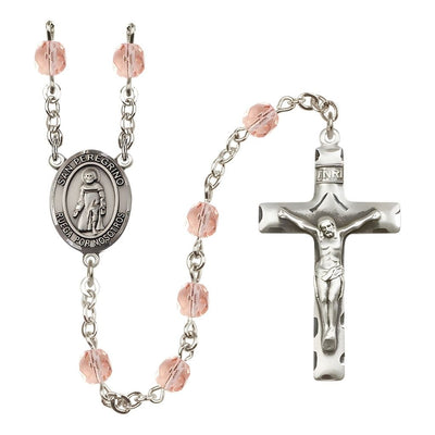 Spanish San Peregrino Engravable Rosary with Pewter Crucifix and Centerpiece, Birthstone 6mm Fire Polished Pink Rose Beads for October, Bliss Manufacturing