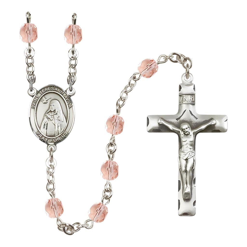 Bliss St. Teresa of Avila Engraved Birthstone 6mm Pink Fire Polished Rosary with Pewter Centerpiece and Crucifix