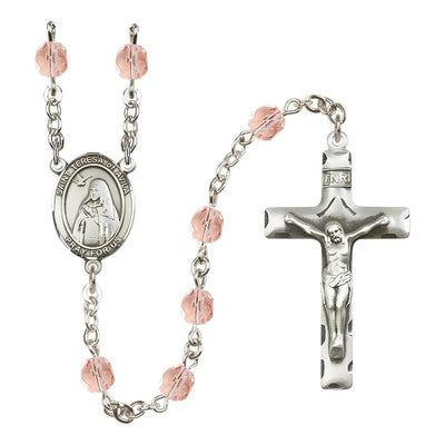 St. Teresa of Avila Engraved Birthstone 6mm Pink Fire Polished Rosary with Pewter Centerpiece and Crucifix, Bliss Manufacturing