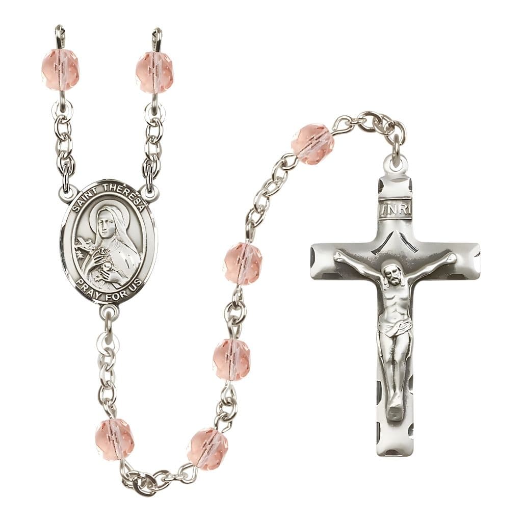 Bliss St. Theresa Birthstone Rosary with 6mm Pink Fire Polished Beads