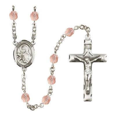 St. Theresa Birthstone Rosary with 6mm Pink Fire Polished Beads, Bliss Manufacturing
