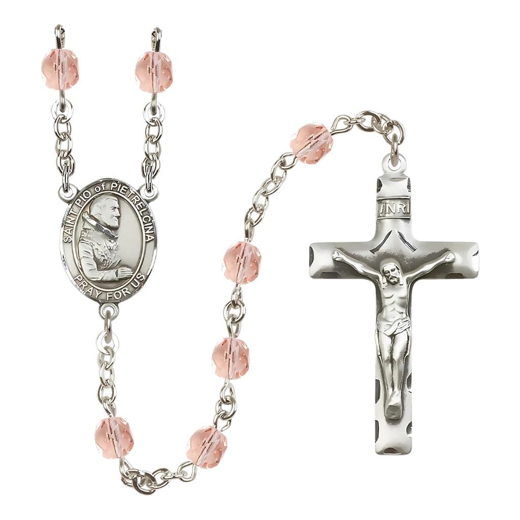 Bliss St. Padre Pio of Pietrelcina Engraved Birthstone Pink Fire Polished Rosary