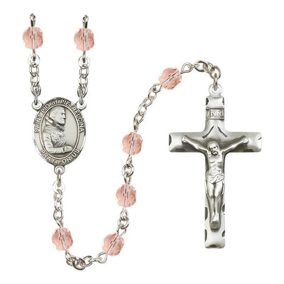 St. Padre Pio of Pietrelcina Engraved Birthstone Pink Fire Polished Rosary, Bliss Manufacturing