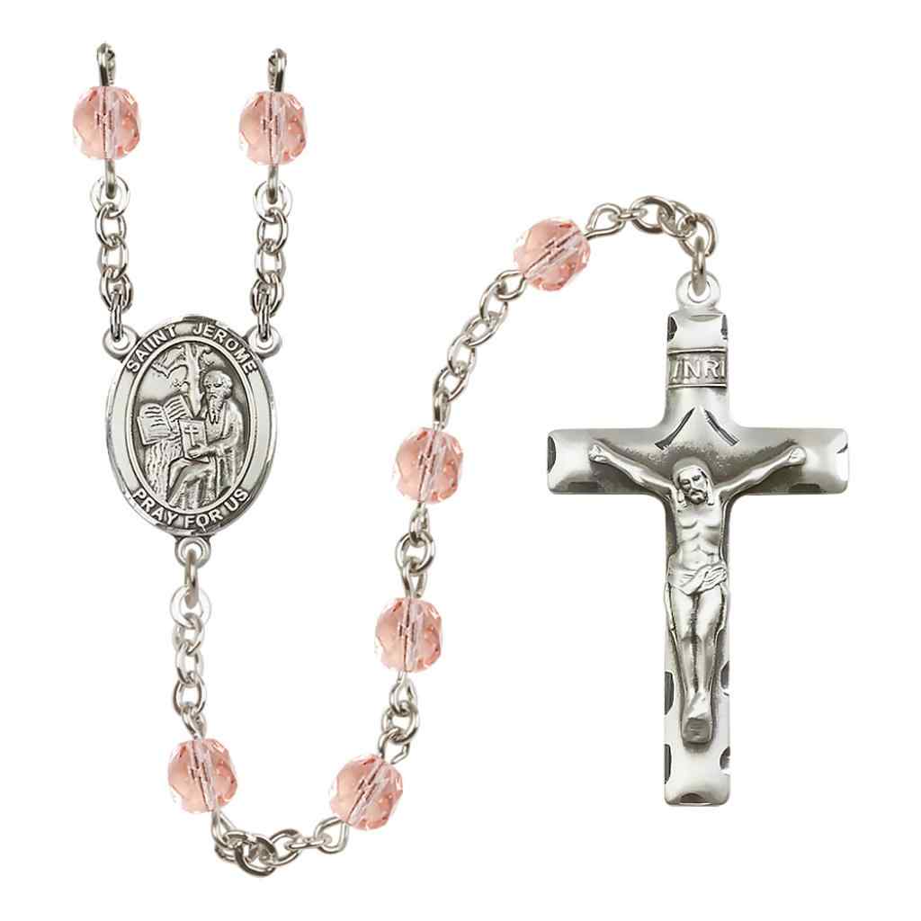 Saint Jerome Silver-plated Rosary with Pewter Crucifix and Centerpiece, Birthstone 6mm Fire Polished Pink Rose Beads for October