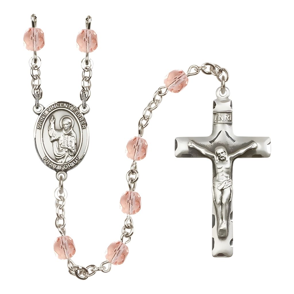 Bliss St. Vincent Ferrer Engravable Rosary with Pewter Crucifix and Centerpiece, Birthstone 6mm Fire Polished Pink Rose Beads for October