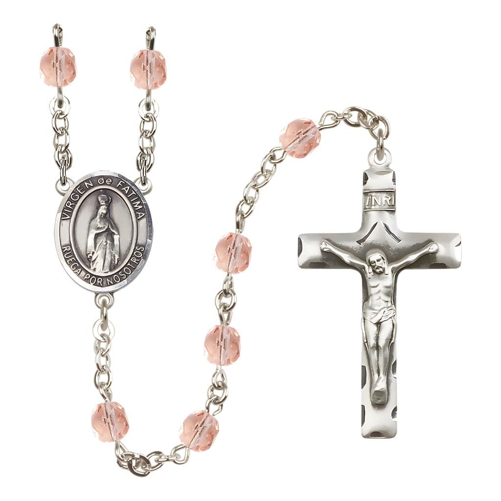 Bliss Spanish Virgen de Fatima Engravable Rosary with Pewter Crucifix and Centerpiece, Birthstone 6mm Fire Polished Pink Rose Beads for October