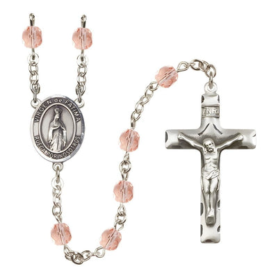Spanish Virgen de Fatima Engravable Rosary with Pewter Crucifix and Centerpiece, Birthstone 6mm Fire Polished Pink Rose Beads for October, Bliss Manufacturing