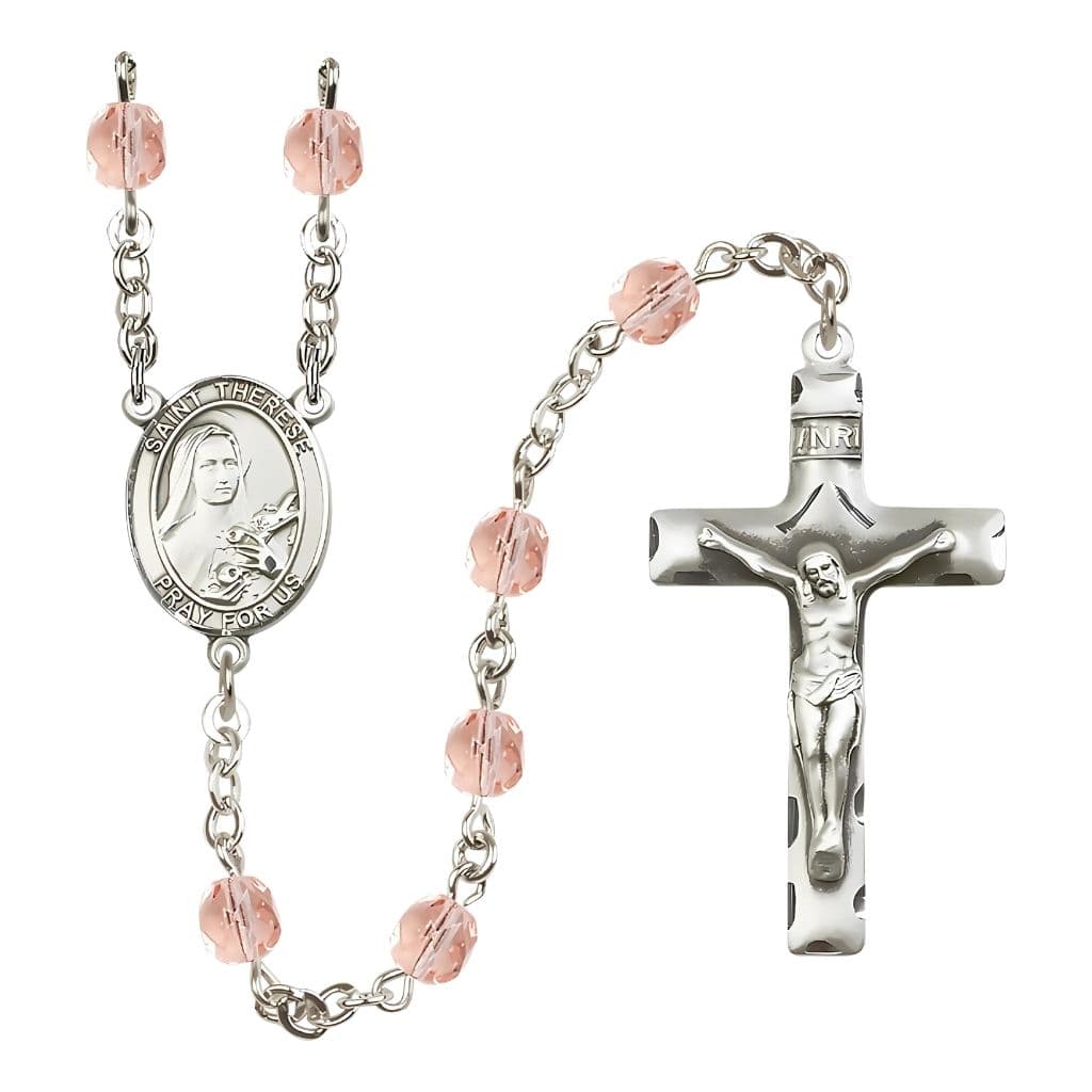 Bliss St. Therese of Lisieux Engraved Birthstone 6mm Pink Fire Polished Rosary with Pewter Crucifix and Centerpiece