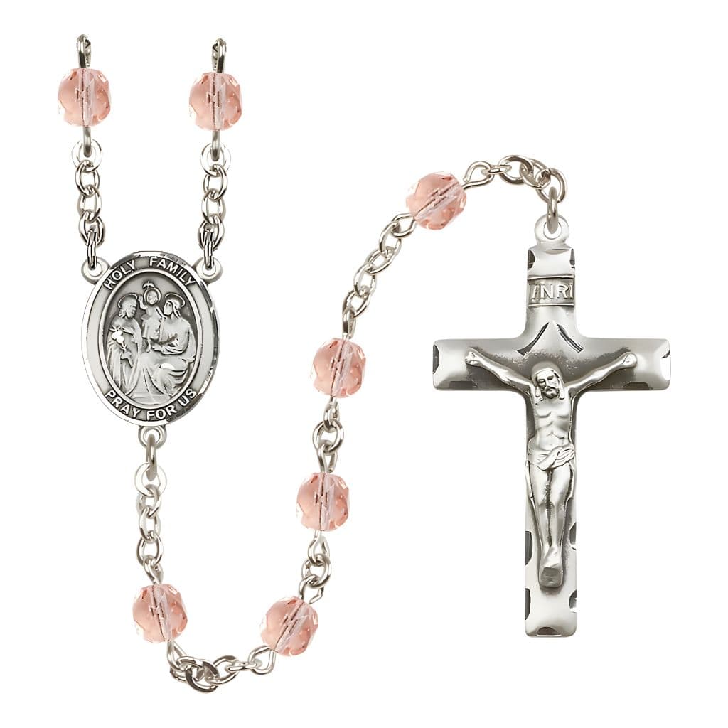 Bliss Holy Family Engravable Rosary with Pewter Crucifix and Centerpiece, Birthstone 6mm Fire Polished Pink Rose Beads for October