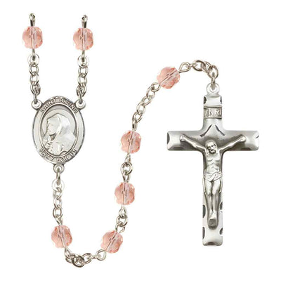 Saint Bruno Silver-plated Rosary with Pewter Crucifix and Centerpiece, Birthstone 6mm Fire Polished Pink Rose Beads for October