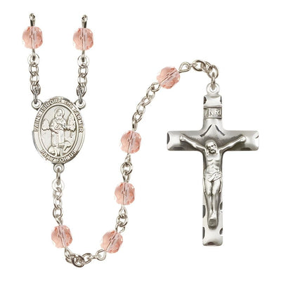 St. Isidore the Farmer Engravable Rosary with Pewter Crucifix and Centerpiece, Birthstone 6mm Fire Polished Pink Rose Beads for October, Bliss Manufacturing