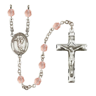 St. Paul of the Cross Engravable Rosary with Pewter Crucifix and Centerpiece, Birthstone 6mm Fire Polished Pink Rose Beads for October, Bliss Manufacturing