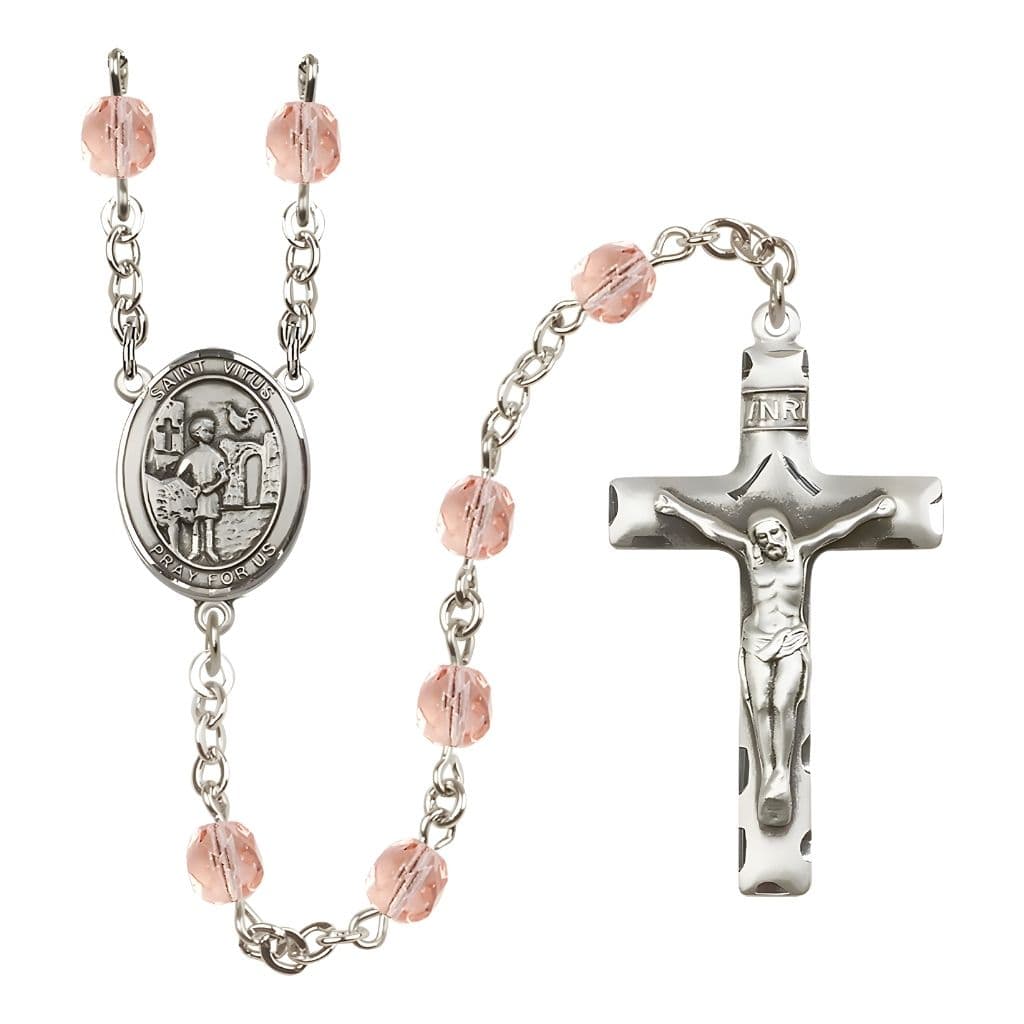 Bliss St. Vitus Engravable Rosary with Pewter Crucifix and Centerpiece, Birthstone 6mm Fire Polished Pink Rose Beads for October