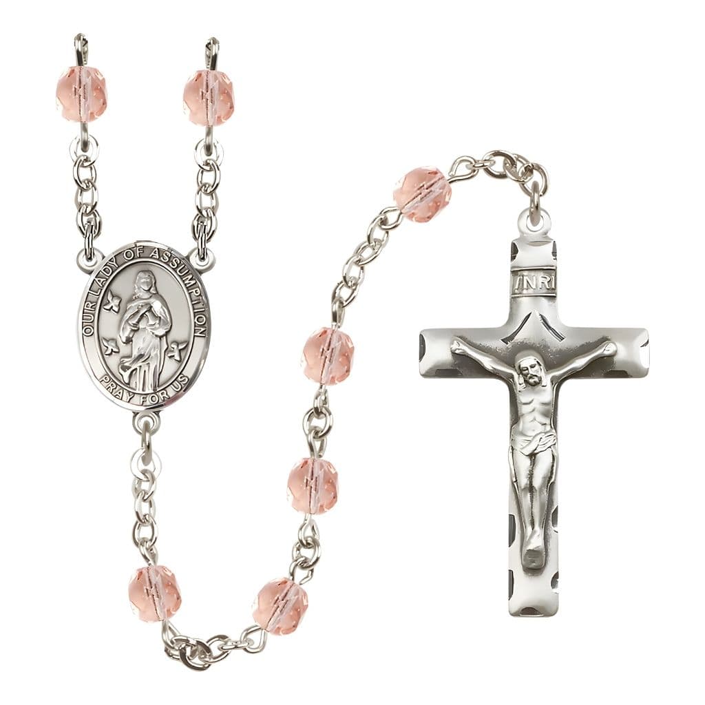 Our Lady of Assumption Engraved Birthstone 6mm Pink Fire Polished Silver-plated Rosary with Pewter Centerpiece and Crucifix