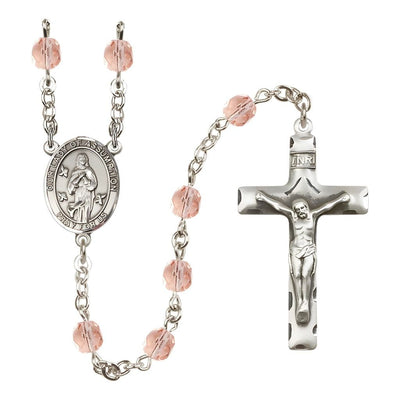 Our Lady of Assumption Engraved Birthstone 6mm Pink Fire Polished Silver-plated Rosary with Pewter Centerpiece and Crucifix, Bliss Manufacturing
