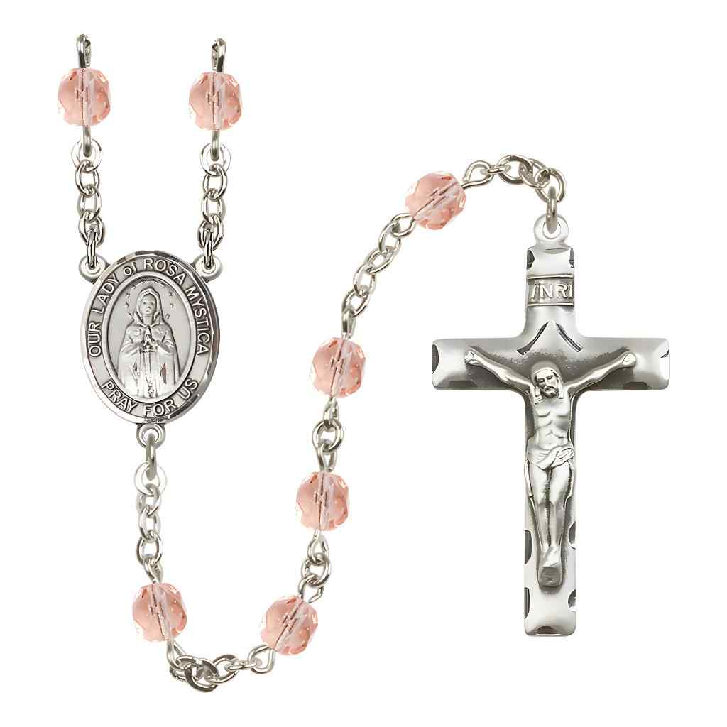 Our Lady of Rosa Mystica Rosary with Pewter Crucifix and Centerpiece, Birthstone 6mm Fire Polished Pink Rose Beads for October