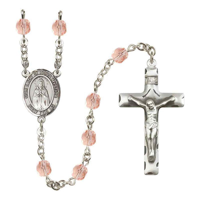Our Lady of Rosa Mystica Rosary with Pewter Crucifix and Centerpiece, Birthstone 6mm Fire Polished Pink Rose Beads for October