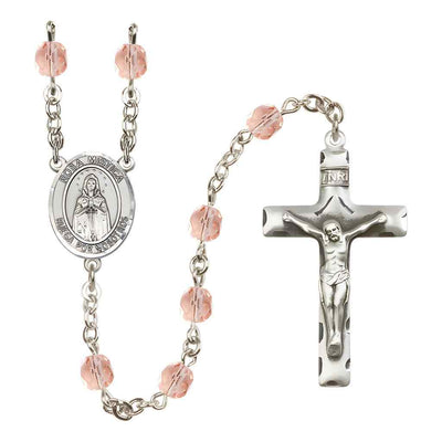 Spanish Rosa Mystica Silver-plated Rosary with Pewter Crucifix and Centerpiece, Birthstone 6mm Fire Polished Pink Rose Beads for October