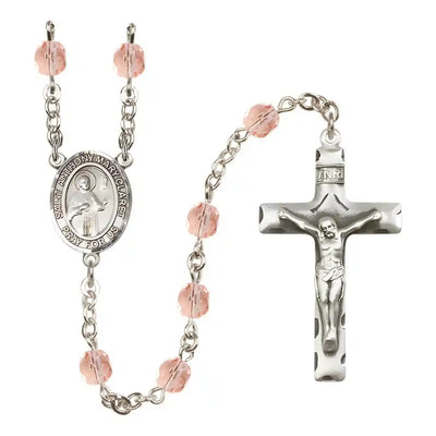 Saint Anthony Mary Claret Silver-plated Rosary with Pewter Crucifix and Centerpiece, Birthstone 6mm Fire Polished Pink Rose Beads for October