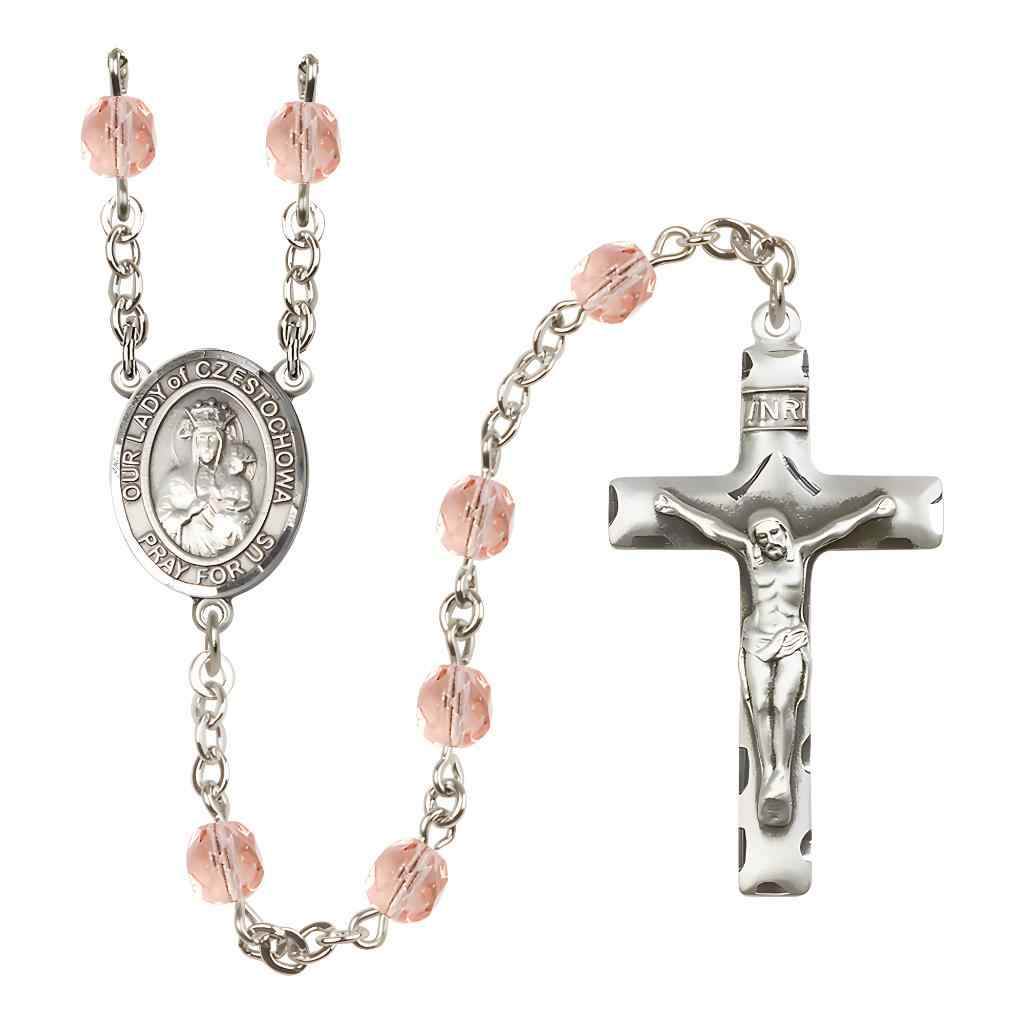 Our Lady of Czestochowa Silver-plated Rosary with Pewter Crucifix and Centerpiece, Birthstone 6mm Fire Polished Pink Rose Beads for October