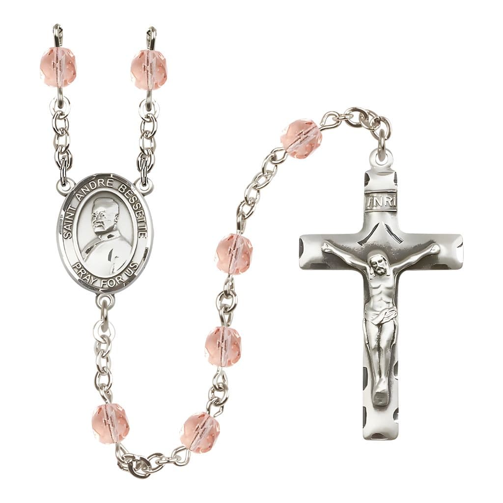 Bliss St. Andre Bessette Engravable Rosary with Pewter Crucifix and Centerpiece, Birthstone 6mm Fire Polished Pink Rose Beads for October