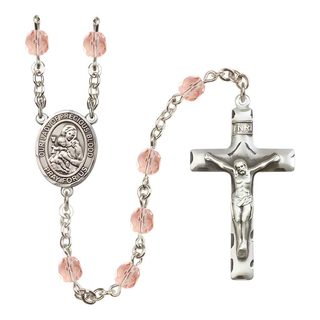 Our Lady of the Precious Blood Rosary with Pewter Traditional Crucifix and Oval Centerpiece, Birthstone 6mm Fire Polished Pink Rose Beads for October