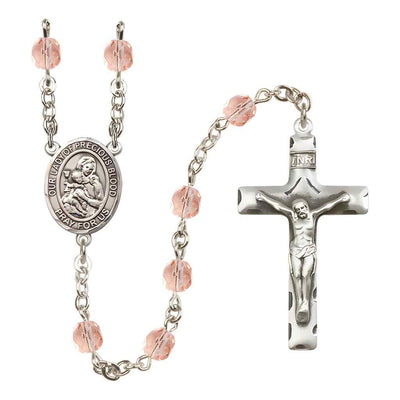Our Lady of the Precious Blood Rosary with Pewter Traditional Crucifix and Oval Centerpiece, Birthstone 6mm Fire Polished Pink Rose Beads for October